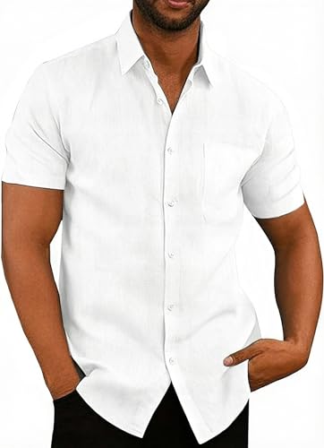 SEAYIJIA Mens Linen Shirts Short Sleeve Cotton Linen Shirts Casual Summer Shirt with Pocket Casual Beach Shirt, White XL