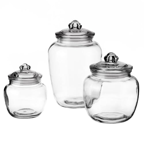 LOLAhome - Set de 3 Botes Bombonera de Cristal Transparente con Tapa Hermética para Alimentos - Capacidades: 2500ml, 1500ml, 650ml - Aptos para Lavavajillas