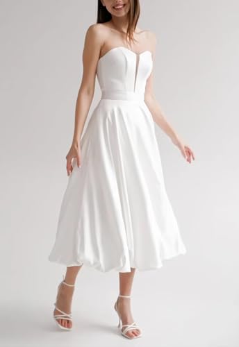 Women's Tube Top Tea Length Wedding Dresses for Bride Satin Strapless A Line Bridal Dress with Pockets3