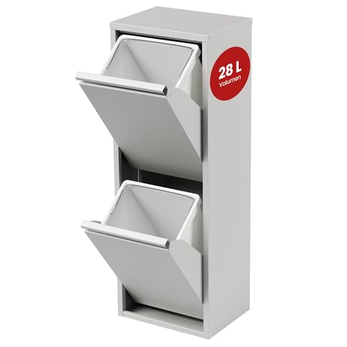 [en.casa] Mülltrennsystem Sollentuna Mülleimer 2 Fächer Küche 2 x 14 L Abfalleimer Müllschrank schmal 93 x 33 x 25 cm Metall Weiß
