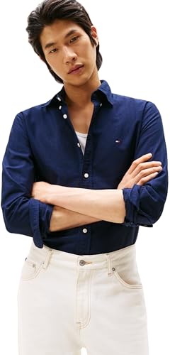 Tommy Hilfiger Men’s Long Sleeve Oxford Shirt, Blue (Preppy Navy/Desert Sky Solid), XL
