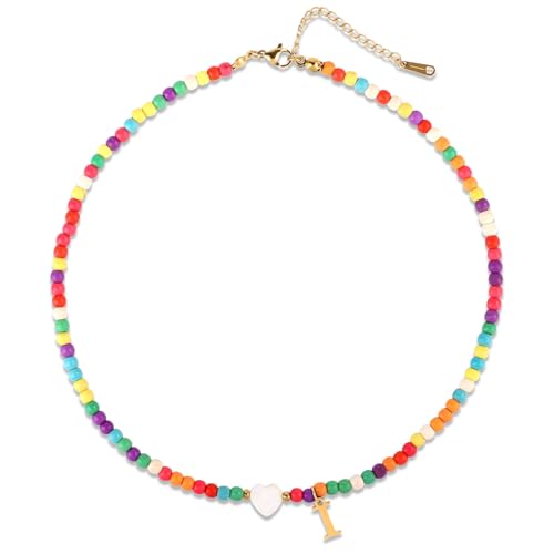 Mikovivi Collar de Cuentas de Colores, Collar con Cuentas Coloridas con Conchas de Corazón Collar con Colgante de Letra Hecho a Mano Regalos Personalizados de la A La Z para Mujeres y Niñas (Letra I)