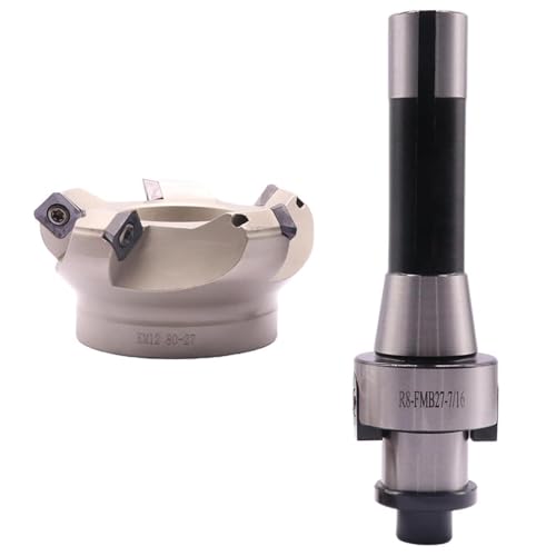 Image of 3.15 inch /80mm Cutting Dia 5-Flute KM12 80-27-5T Face Mill Shell Cutter Set | 45 Indexable Face Mill, R8 FMB27 7 /16-20UNF Shank Face End Mill Arbor with 10Pcs SEKT1204 Carbide Inserts and T20 Wrench