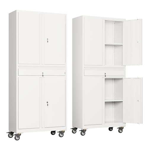 DEVAISE Metal Storage Cabinet with Wheels, White Garage Storage Cabinet, 71″ Rolling Tool Cabinet with Lock and Adjustable Shelves, 4 Door Tool Cabinet for Basement, Pantry, Warehouse and Office