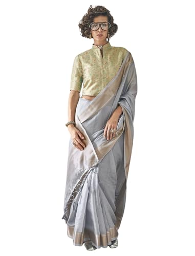Image of MADHUHANSH Women's Cotton Linen Saree with Unstitched Blouse Piece and Solid Pattern | Mithila Painting Saree | Saree for Haldi Ceremony