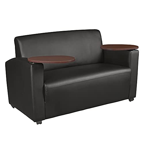 Image of Romig Superstellar Loveseat with 360-Degree Swiveling Tablet Arm, Java Finish, Black Vinyl Upholstery, Ergonomic Seating for Offices, Homes, Lounges, or Study Areas