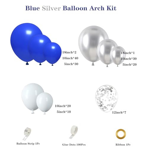 Royal Blue and Silver Balloon Garland Arch Kit, 160Pcs Navy Blue White Silver Latex Balloons with Confetti Balloons for Wedding Graduation New Year Birthday Party Decorations — view 2