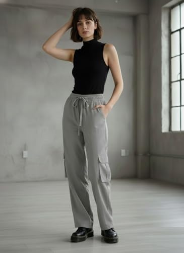 Image of SMOWKLY Women's Casual Cargo Pant| Baggy Fit Multi Pocket Streetwear Pants | High Waist Cargo Trousers | Stretchable Cotton Blend Utility Pants for Women |Office & Casual Wear