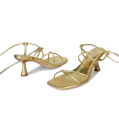 Image of ISNOM Strappy Sandals for Women Kitten Heels Lace Up Heels Stiletto Heels Wrap Around Heels with Square Toe