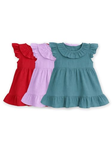 Image of Kidbea Baby Girl Cotton Summer Casual Short Ruffled Sleeve & Hem Soft Breathable Fabric Frocks Sundress Princess Dress for Kids