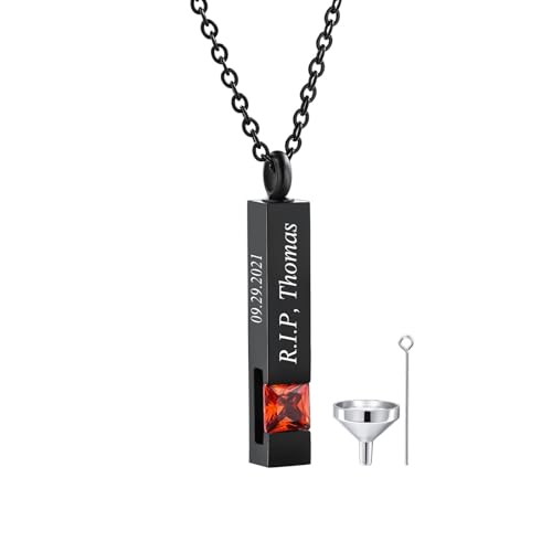 INBLUE Personalized 3D Vertical Bar Urn Necklace for Ashes Cremation Urn Pendant Engraved Name/Date for Men Women Pet Stainless Steel Memorial Jewelry Keepsake with Birthstones Funnel Kit