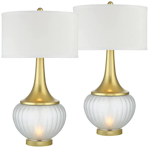 360 Lighting Courtney Mid Century Modern Table Lamps 28 3/4" Tall Set Of 2 Gold Metal Ribbed Glass White Drum Shade Decor For Bedroom Living Nightstand Bedside Office Kids Room #TOP1