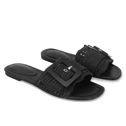 Image of ZJGZF Raffia Sandals for Women Buckle Straw flats Woven Braided Rattan Slides Summer Beach Sandals Comfort Cute Shoes