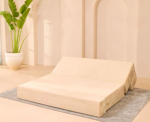 Image of uberlyfe Xtra High, Xtra Soft 3 Seater (5' x 6') Sofa Cum Bed | 1 Year Warranty | 17 inch Sofa Height | Queen Size Foldable Bed | Plush Laser Quilted Fabric | Champagne Beige Color