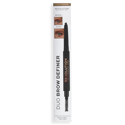 Makeup Revolution Duo Brow Definer Pencil, Add Definition, Includes Brush, Light Brown