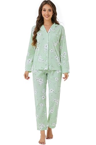 Image of LUBOT 100% Cotton Pajamas for Women Pajama Set 2 Piece PJ Sleepwear Set Soft Ladies Button Knit Long Sleeve Loungewear XS-XXL