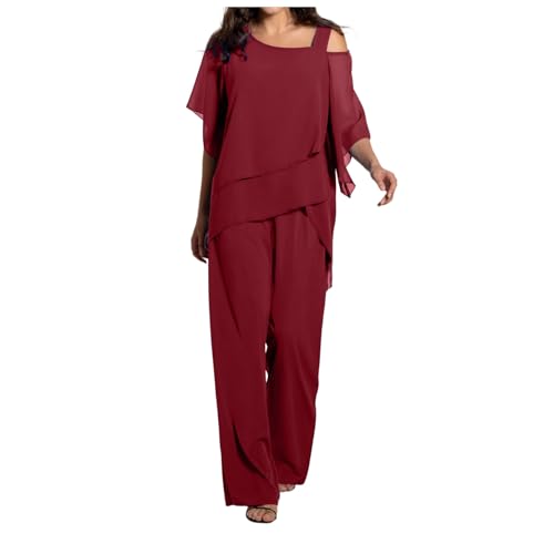 Pantalones y Blusas Elegantes para Bodas: Estilos Sofisticados y Versátiles 1 2025 Conjunto de Dos Piezas Elegante para Mujer, Casual, de Hombro Irregular, para Fiesta (Rojo, XL)