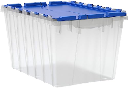 Akro-Mils KeepBox 12 Gallon Storage Container, Nesting and Stackable Plastic Storage Box with Lid Attached, Clear Tote for Garages, Closets, and Moving, 21-1/2' x 15' x 12-1/2', Clear/Blue