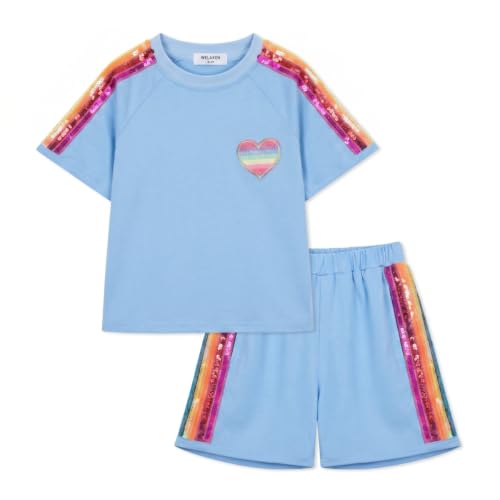Image of WELAKEN Girls 2 Piece Outfit Kid Toddler Heart & Rainbow Sequin Striped T-shirt and Shorts Clothing Set