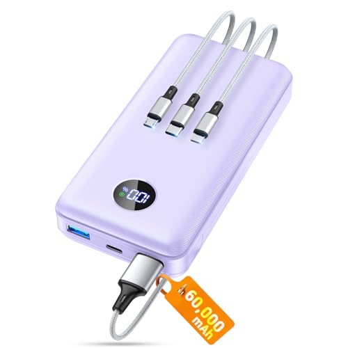 Image of Portable Charger Power Bank, 60000mAh Battery Pack with 3 in 1 USB-C /iOS /Micro-USB Cable, 22.5W Fast Charging Portable Phone Charger, Travel Camping Essential Powerbank for iPhone 17 /16 Samsung,Purple