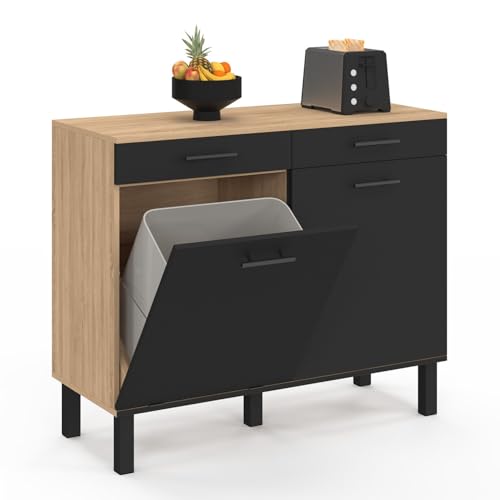 IDMarket - Aparador bajo de cocina con espacio de basura 100 cm CINA encimera H.83 cm, 2 puertas + cajones de haya y negro