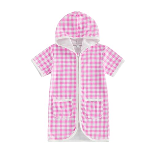 Image of Girls Boys Hooded Terry Coverups One Piece Swimsuits Summer Striped Trim Zip Up Short Sleeve Swim Cover Up Beachwear