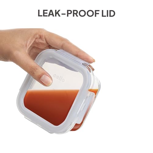 Image of CELLO Royale Glass Lunch Box Set of 3 Pcs with Jacket, Clear | Microwave & Dishwasher Safe 3 x 320ml Square Glass Containers |Leadfree, Leakproof, Airtight Clip Lock Lid Tiffin Box For Office & Travel
