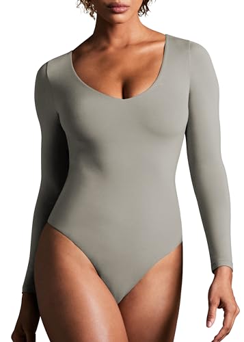 Image of IUGA Bodysuits for Women Tummy Control Body Suits for Womens Compression Slimming Thong Bodysuit V Neck
