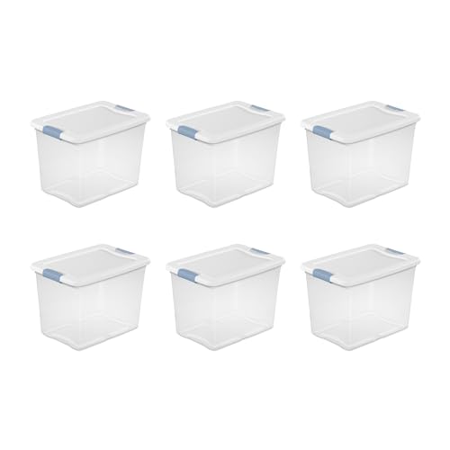 Image of Sterilite 25 Qt Latching Storage Box, Stackable Bin with Latch Lid, Plastic Container to Organize Closet Shelf, Clear with White Lid, 6-Pack