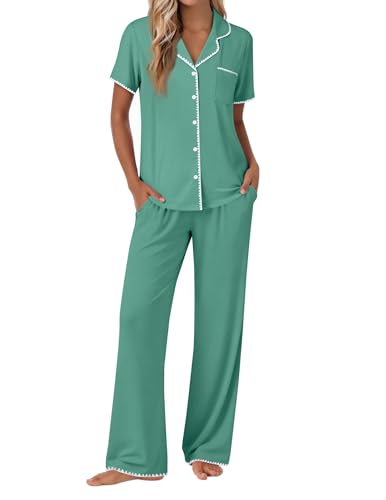 Image of Ekouaer Pajamas for Women Set Button Up Soft Pjs Short Sleeve 2 Piece Lounge Sets Comfy Sleepwear