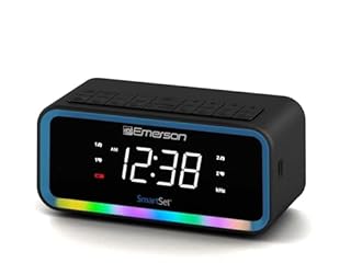 Emerson CKS1401 Smartset AM/FM Dual Alarm Clock Radio with 0.9” White LED Display with 4-Level Dimmer Control, USB-C Charging, and 2-Level Multi-Color LED Decor
