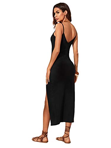 SheIn Women s V Neck Sleeveless Split Thigh Solid Long Maxi Cami Dress Black Medium