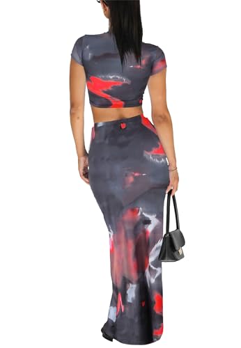 Image of Two Piece Skirt Set for Women 2 PC Y2K Outfits Short Sleeve Crop Tops Bodycon High Waist Long Maxi Skirts