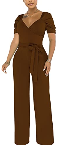 Image of PaladMom Womens Elegant Plus Size Jumpsuits Sexy Back zipper Short Sleeve Mid Waist Wide Leg Straight Rompers