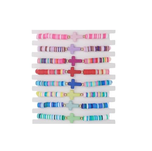 Heishi Surfer Bracelets Set for Women Girls Bohemian Rainbow Stackable Clay Beaded Bracelets Christian Cross Gifts Disc Stretch Preppy Layering Colorful Friendship Summer Beach Bracelets