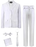 A&J DESIGN Conjunto de traje formal de 5 piezas para niños con chaqueta, pantalones de vestir, corbata, pajarita y pañuelo de bolsillo, Blanco, 14