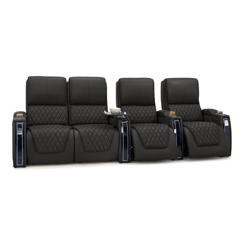 Image of Seatcraft Apex Black Italian Leather Home Theater Seating, Zero Gravity Power Recliner Chair, Powered Headrest and Lumbar Gaming and Lounge Sofa Furniture for Cinema Room, Row of 4 Left Loveseats