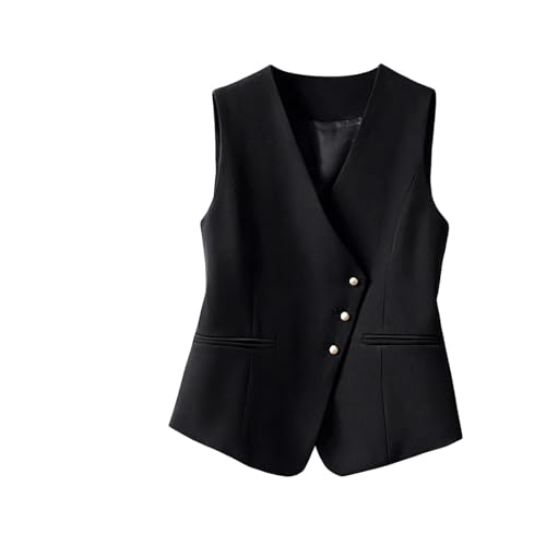 Chaleco Mujer Chaqueta Verano Mujer Ajustado con Botones Cuello V Chaleco sin Mangas con Abertura Frontal para Trabajo y Negocios (A-Black, XXXL)
