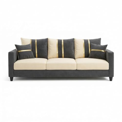 Image of Jester Plush Comfort Sofa Set | 3 Seater + 1 Seater + 1 Seater | Luxury Velvet Suede Fabric | Modern Living Room Sofa | Dark Gray - Cream