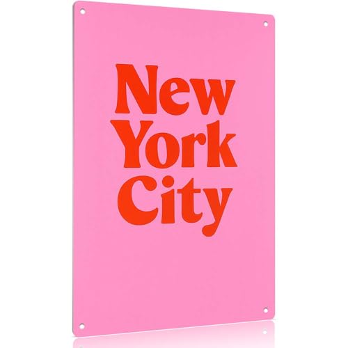 Bold Red 'New York City' Aluminum Wall Art, 8x12 Inch, Retro Typography Metal Sign, Pink Background...