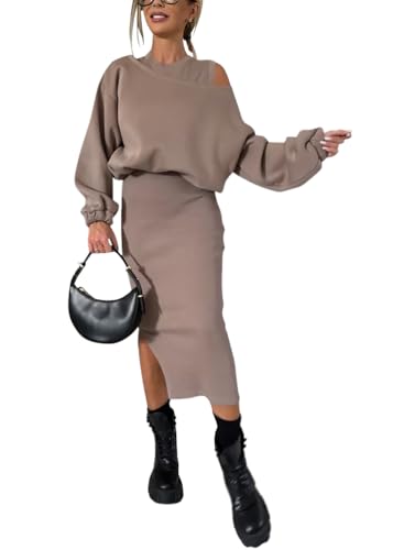 Shownicer Damen Zweiteiliger Freizeitanzug - Kleid Ärmellos + Langarm Pullover Oberteil Einfarbig für Herbst Und Winter - A Kaffee S