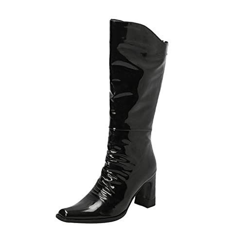 MOYOWEI Women's Patent PU Leather Back Zip Knee-High Boots,Square Toe Chunky Block Mid Heel Crinkled Ankle High Boots