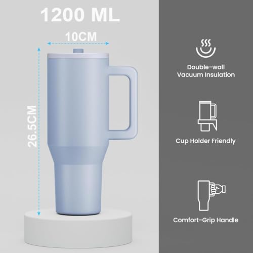 Image of House of Quirk 1200ML Tumbler with Handle & Simple Flip Straw - Car Cup Holder Friendly, Leak Resistant Stainless Steel Water Bottle with Rubber Base (Smoke)