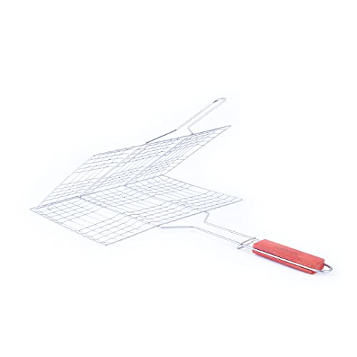 Freshome Mild Steel Portable Barbecue BBQ Grill Net Basket Roast Grilling Tray Plated with Wooden Handle (46.5 x 24 x 2 cm)