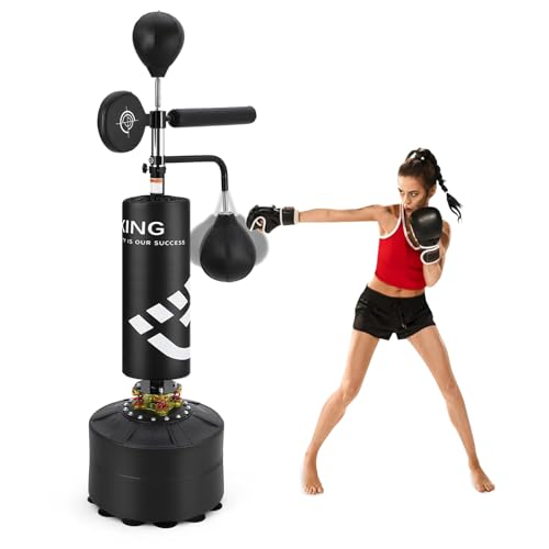 Sac de Frappe Adulte 5 en 1 Sac de Frappe Support sur Pied 2 Balles de Vitesse Cible et Barre Rotative à 360° Hauteur Réglable 160-230 cm Sac de Frappe sur...