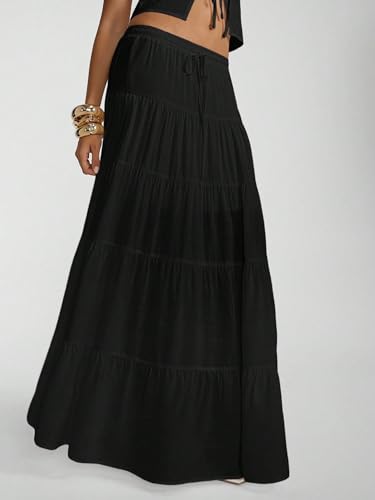 Image of Women's Boho Maxi Skirt Ruffle Flowy Low Rise A Line Beach Long Skirts | Flared Ruffle, Elastic Waist, Summer Vacation Skirts