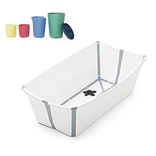 Stokke Flexibath with Newborn Support Baby Bath with Heat Sensitive Drain Plug & Multicolored Baby Bath Toy Cups, White