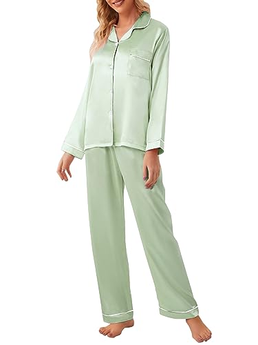Umeyda Girls & Womens Pajamas Set, Satin Silky Sleepwear 2 Pieces Comfy Button-Down Pjs Long Sleeve + Pants Outfits for Mom4