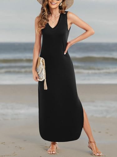 Image of Arolina Maxi Dress for Women Tropical Summer V Neck Sleeveless Split Long Beach Dresses Casual Loose Sundress with Pockets