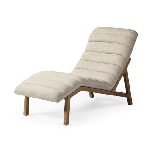 Modern Cream Fabric Upholstered Chaise Lounge Chair with Solid Wood Frame & Base
